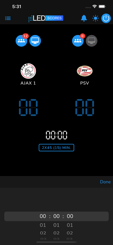 LED Scores - Interface of the LED Scores app showing a match setup between Ajax 1 and PSV with score counters and timer.