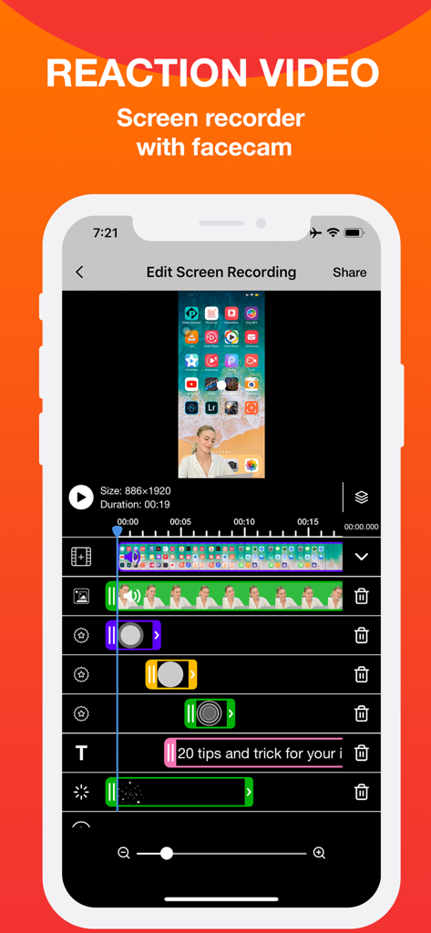 Screen Recorder - Record.TV - Record.TV mobile interface showing the video editing screen with facecam overlay and multi-track timeline.