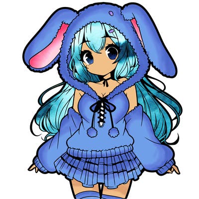 pretty anime girl wearing a fluffy hoodie with bunny ears on the hood and a skirt