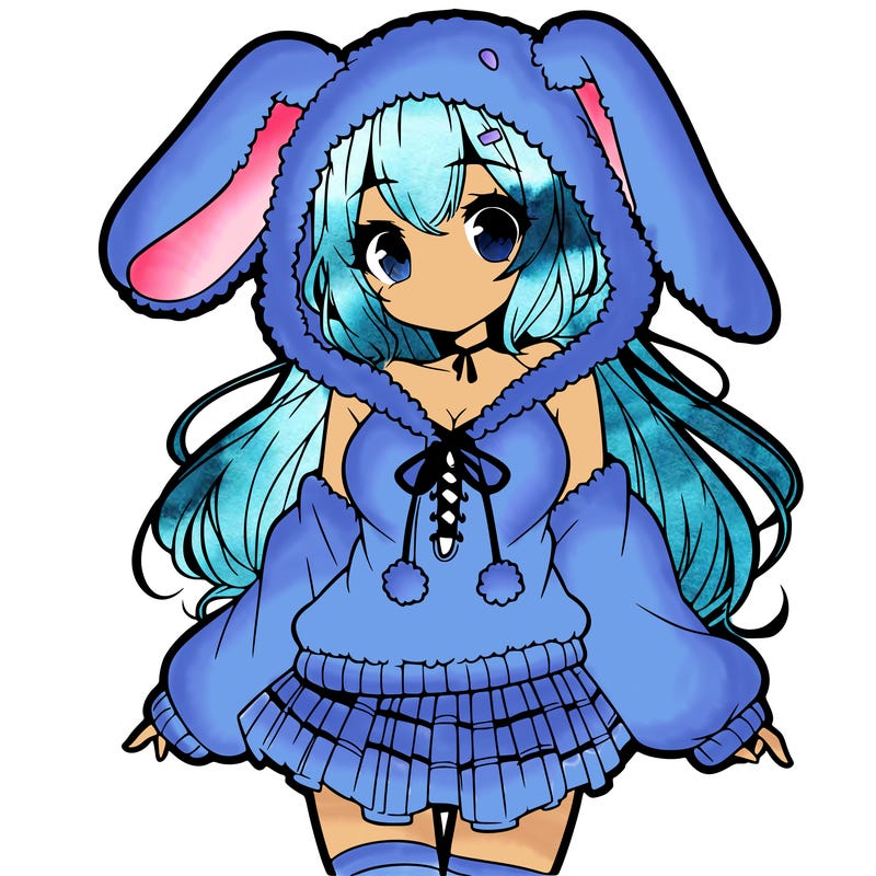 pretty anime girl wearing a fluffy hoodie with bunny ears on the hood and a skirt