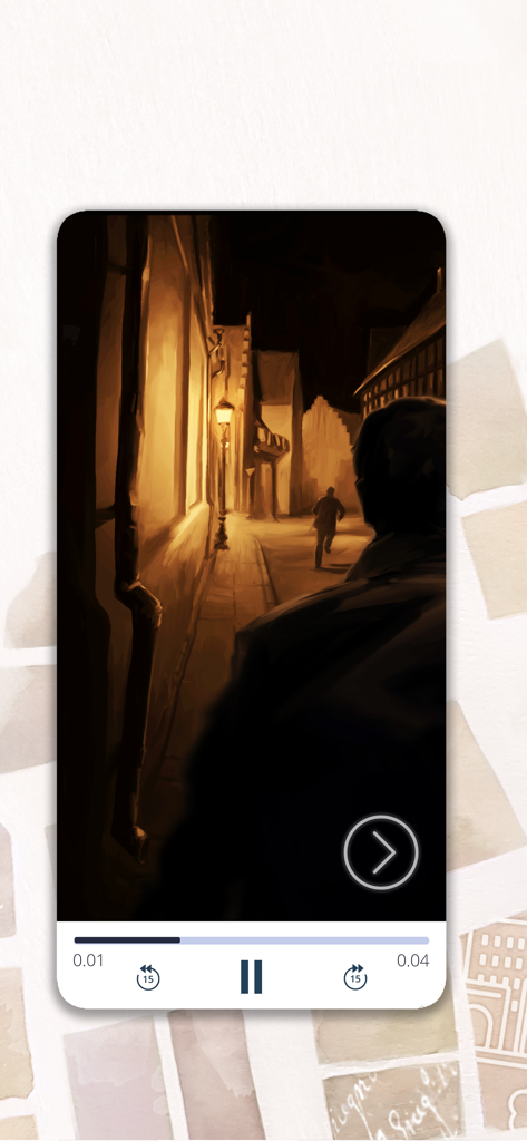 Audio playback screen showing an illustrated mystery scene in a dark alleyway