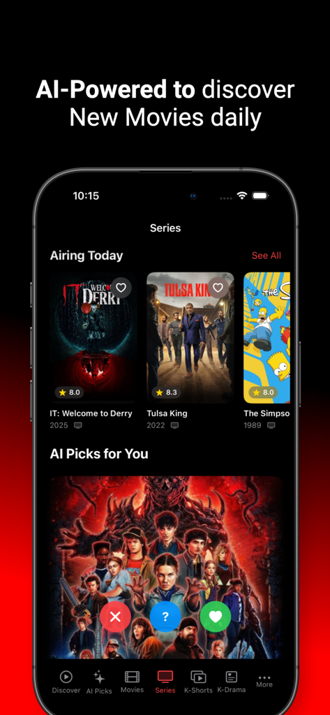 Boredflix App-Oberfläche, die KI-gestützte TV-Serienempfehlungen und angesagte Shows anzeigt