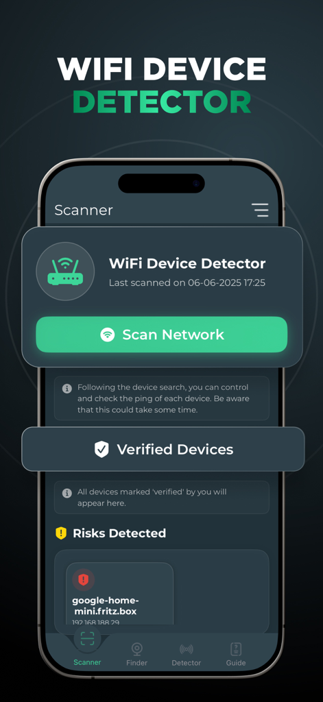 WiFi Analyzer: Device Finder - Interfaz de la aplicación WiFi Analyzer para escanear redes y detectar dispositivos conectados.