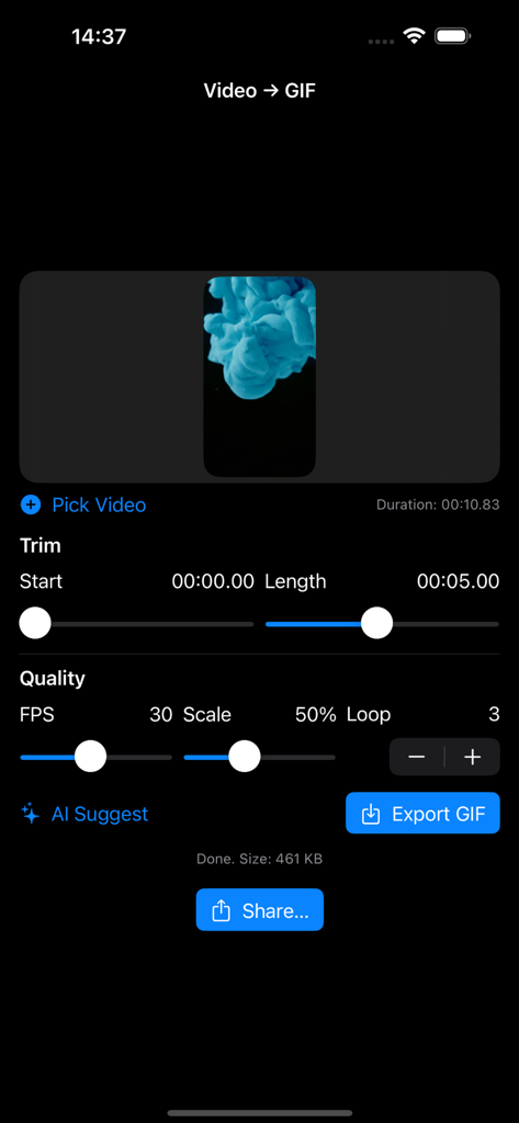 Interface do aplicativo GIF Maker Pro com corte de vídeo e configurações de qualidade