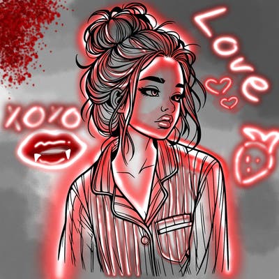 realistic woman with pajamas on and a messy bun