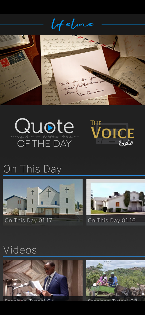 Startbildschirm der VGR Lifeline-App mit dem Zitat des Tages, The Voice Radio und historischen Kirchenfotos