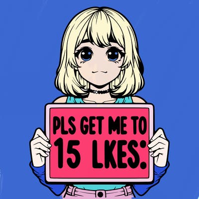 realistic girl holding up a sign that says “pls get me to 15 likes!”