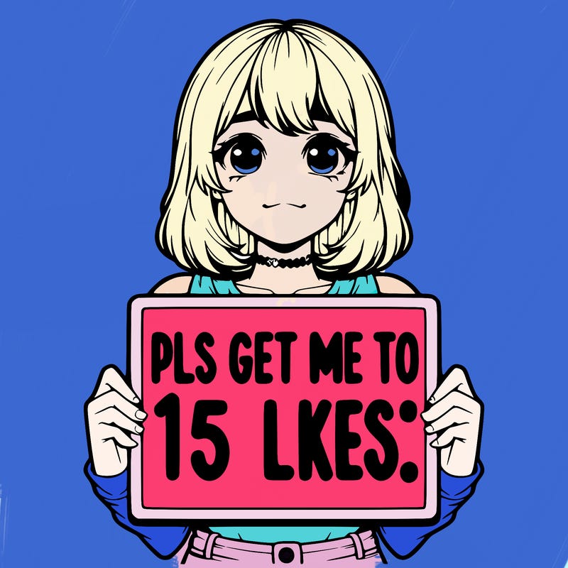 realistic girl holding up a sign that says “pls get me to 15 likes!”