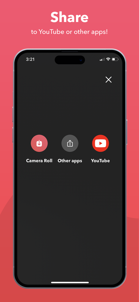 Record itアプリのインターフェースで、録画をYouTubeに共有したり、カメラロールに保存したりするオプションが表示されている