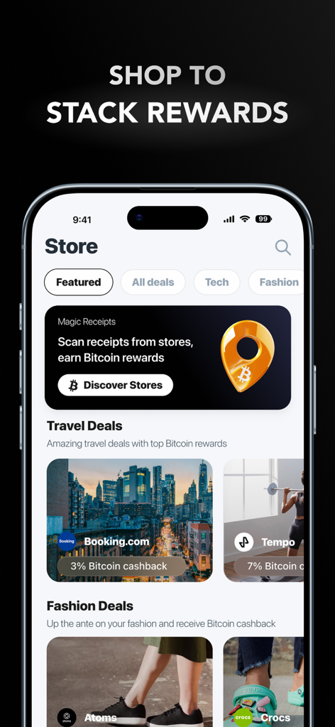 sMiles app screen showing shopping deals with Bitcoin cashback rewards for various brands.
