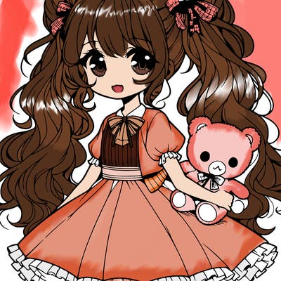 anime girl with a dress and curly pigtails holding a teddy