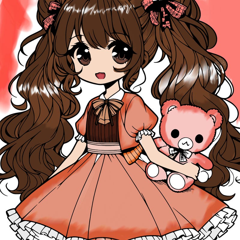 anime girl with a dress and curly pigtails holding a teddy