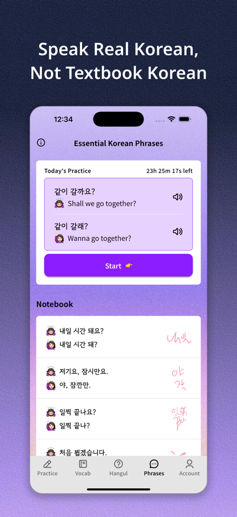 Koppa - Learn Korean - Interface do aplicativo Koppa mostrando frases essenciais em coreano com variações educadas e casuais e um caderno digital para prática de escrita.