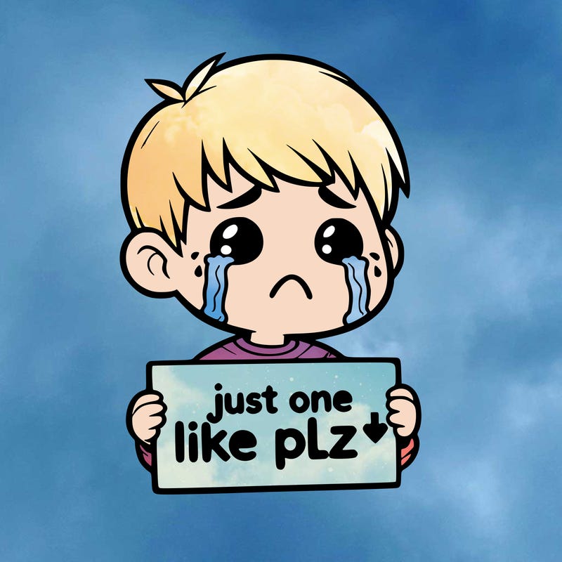 realistic crying boy with a sign saying just one like plz