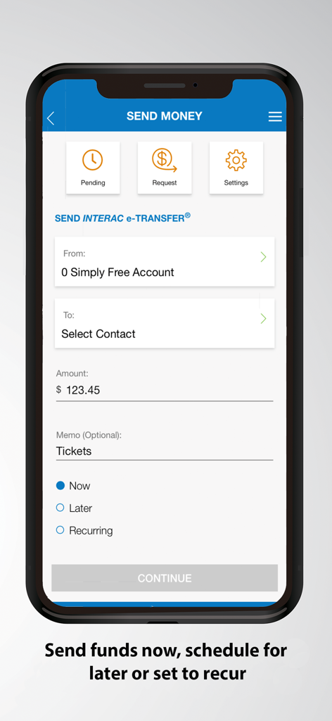 Valley First mobile app interface for sending and scheduling Interac e-Transfers