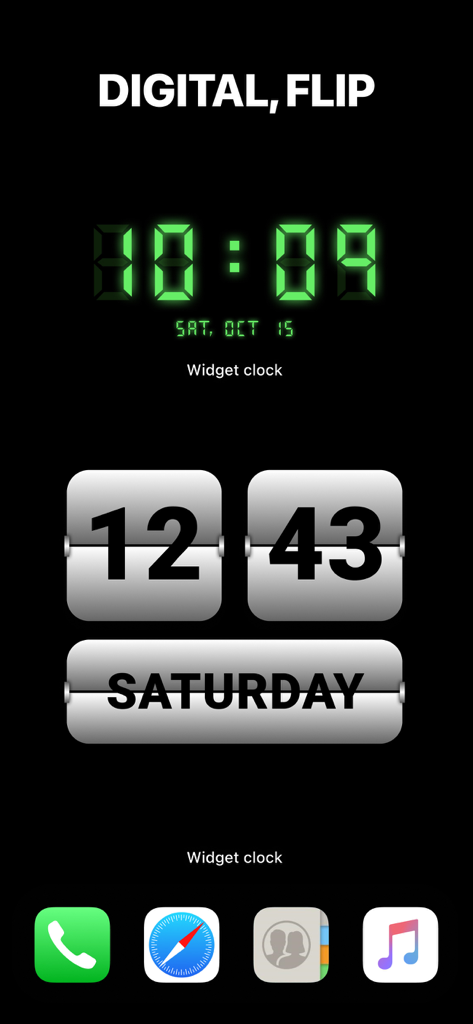 Widgets de reloj digital y de efecto volcado en la pantalla de inicio de un iPhone con un fondo negro minimalista.