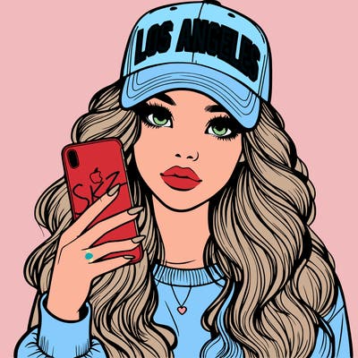 realistic beautiful girl wearing los ángeles cap holding an iphone