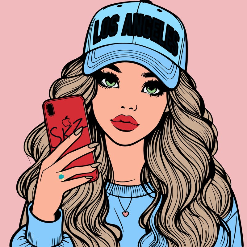 realistic beautiful girl wearing los ángeles cap holding an iphone