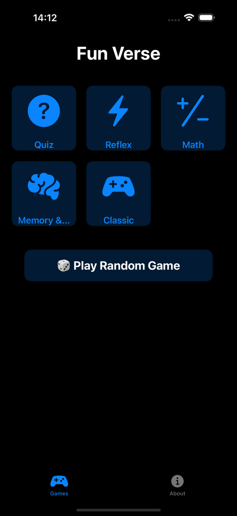 Fun Verse - Fun Verse app main screen showing game categories like Quiz, Reflex, Math, and Memory.