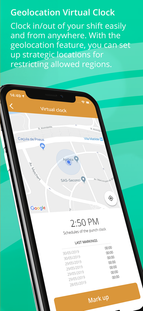 Apdata Mobile - 従業員の出退勤のためのGPS対応仮想クロックを表示するApdata Mobileアプリ画面