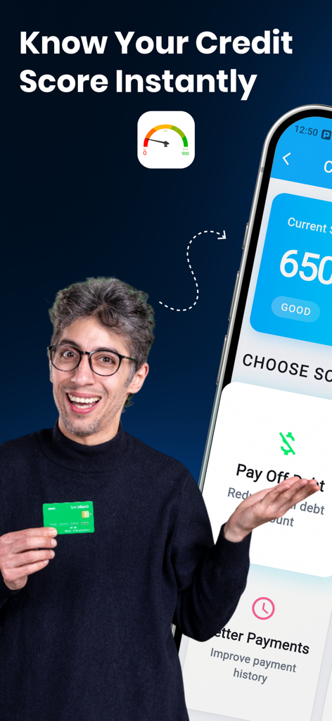 Credit Score Check & Report - Smartphone showing credit score interface with a man holding a credit card