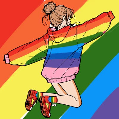 realistic girl jumping with a bun and oversized sweatshirt