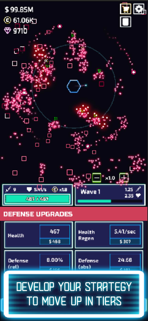 The Tower - Idle Tower Defense - Capture d'écran de gameplay de The Tower montrant le menu d'améliorations de défense et des vagues d'ennemis entourant une tour centrale.