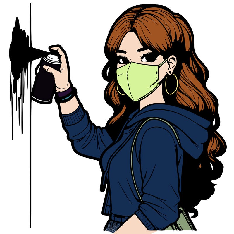 realistic girl with mask spray painting a wall