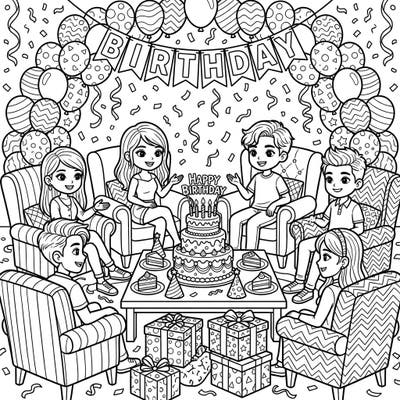 Gather your friends for an exciting birthday celebration with this dynamic coloring page designed for teens. Featuring a cozy setup with armchairs, a grand cake, and festive decorations, it’s perfect for adding your personal touch to a joyful occasion.