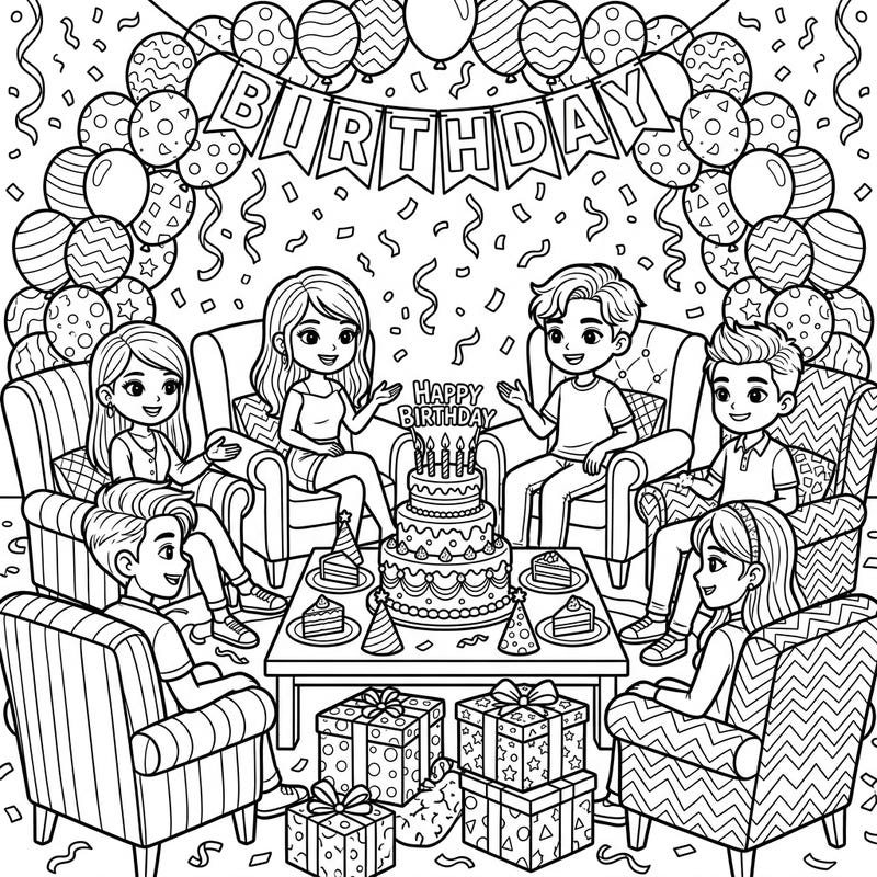 Gather your friends for an exciting birthday celebration with this dynamic coloring page designed for teens. Featuring a cozy setup with armchairs, a grand cake, and festive decorations, it’s perfect for adding your personal touch to a joyful occasion.