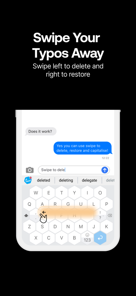 Hexagonal keyboard interface showing a hand using the swipe left gesture to delete text.