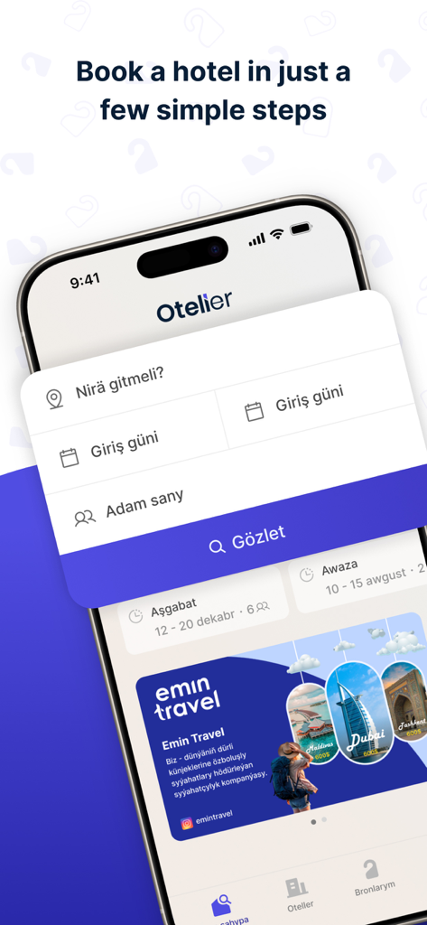 Schermata di ricerca dell'app Oteller per trovare e prenotare hotel in Turkmenistan.