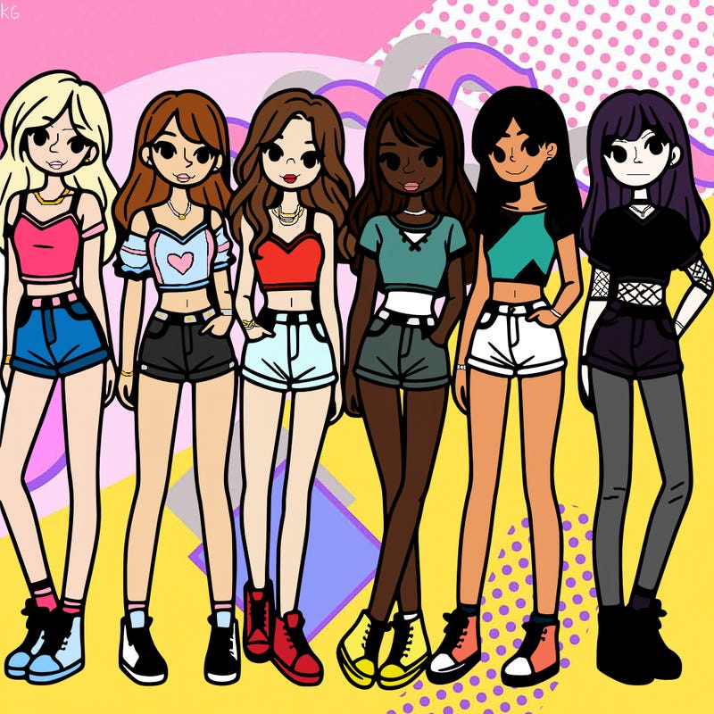 a group of girls wearing crop tops and shorts