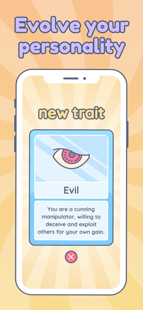 Everlife - Life Simulator - A screenshot of Everlife Life Simulator showing a personality evolution screen with a new Evil trait card.