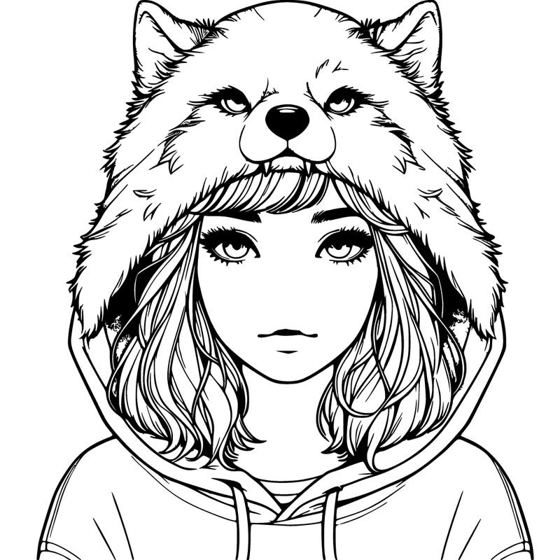 realistic girl with freckled and a wolf hoodie over her  head