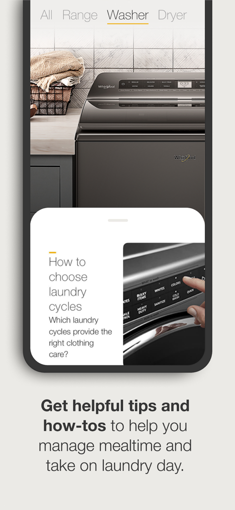 Whirlpool - Whirlpool app screen showing laundry cycle tips and washing machine controls