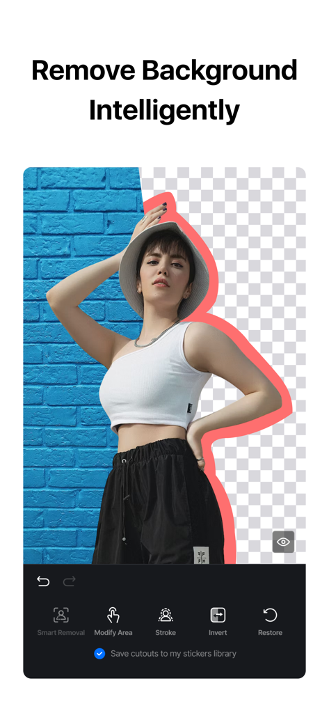 Interface do aplicativo VN Editor de Vídeo com IA mostrando a ferramenta inteligente de remoção de fundo em uma foto de uma mulher.