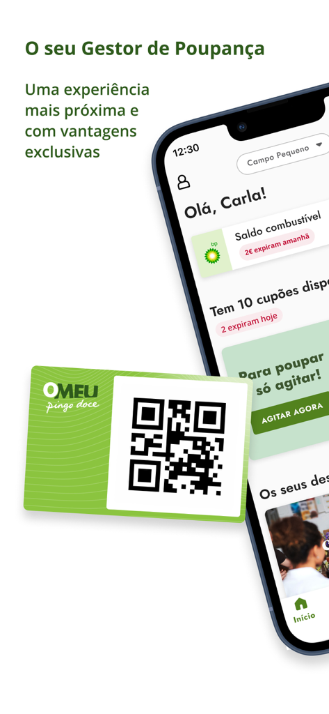 O Meu Pingo Doce - Pantalla de smartphone mostrando el panel de la app O Meu Pingo Doce y la tarjeta de fidelización digital con código QR