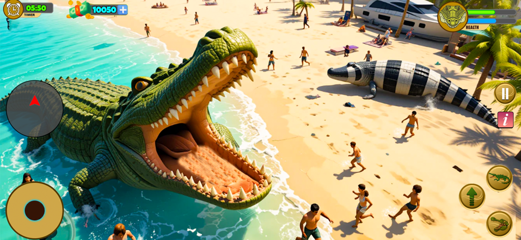 Crocodile Attack Wild Sim Game - Un cocodrilo gigante con la boca abierta atacando personas en una playa en un juego simulador de animales