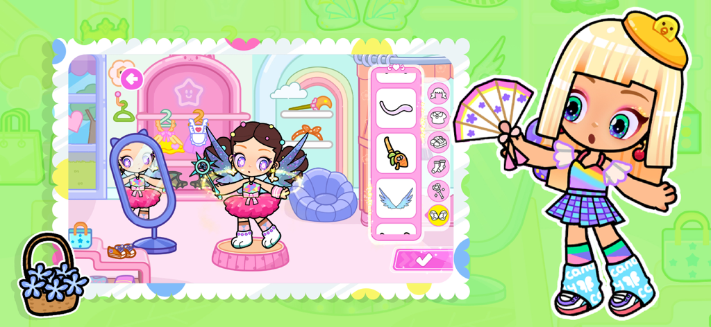 Beauty Salon: Spa & Nail Game - Un personaggio bambola con ali di fata e una bacchetta in un'interfaccia di camerino colorata