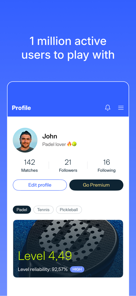 Playtomic - Padel & pickleball - Schermata del profilo dell'app mobile Playtomic che mostra le statistiche del livello dell'utente e la cronologia delle partite per padel e pickleball