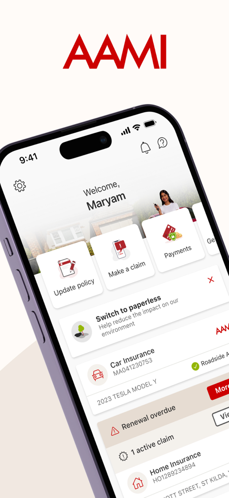 AAMI App - AAMI insurance mobile app dashboard showing car and home policy management options on an iPhone.