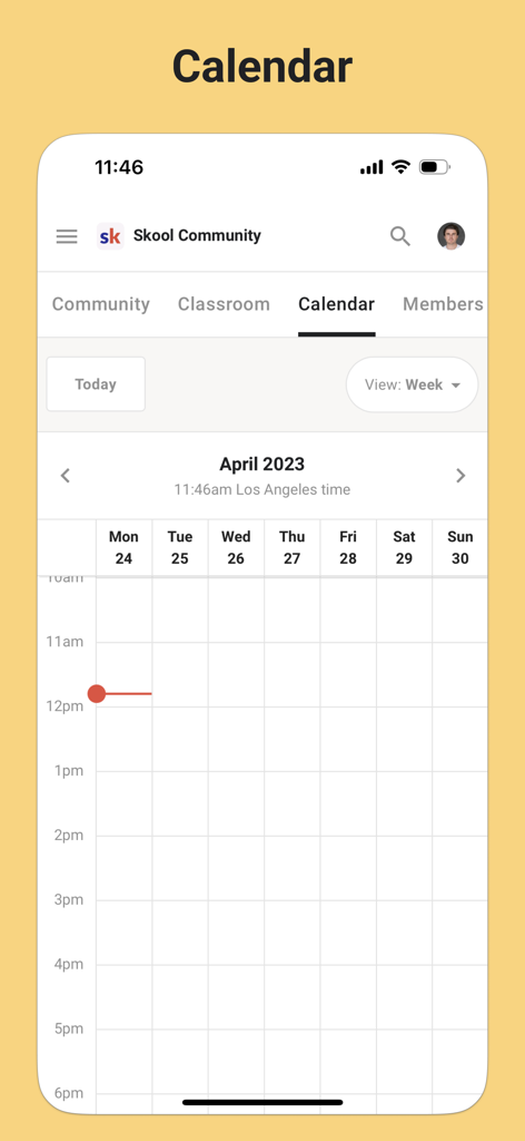 Skool Communities - Vue du calendrier hebdomadaire dans l'application Communautés Skool montrant les événements communautaires planifiés.
