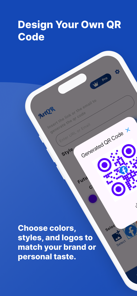 ARTQR:AI Art QR Code Generator - ArtQR app interface showing a custom purple QR code with a Facebook logo and branding options