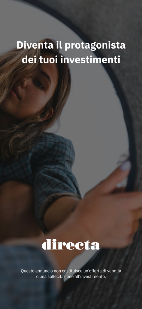 Schermata di avvio dell'app di trading Directa con il testo italiano Diventa il protagonista dei tuoi investimenti
