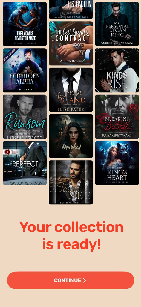 Amora: Novels & Audiobooks - A digital library interface in the Amora app displaying a curated collection of romance and fantasy novel covers with a continue button.