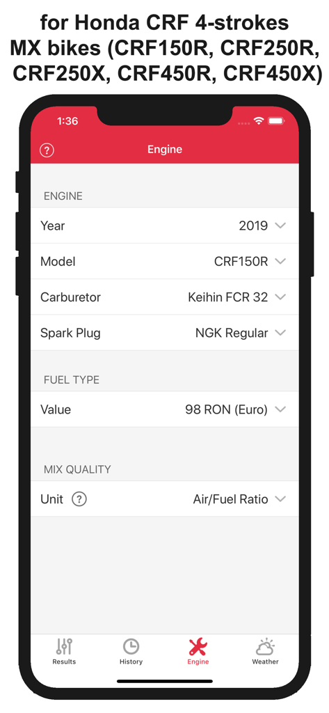 Engine configuration screen for Honda CRF motocross bikes showing model and fuel type settings