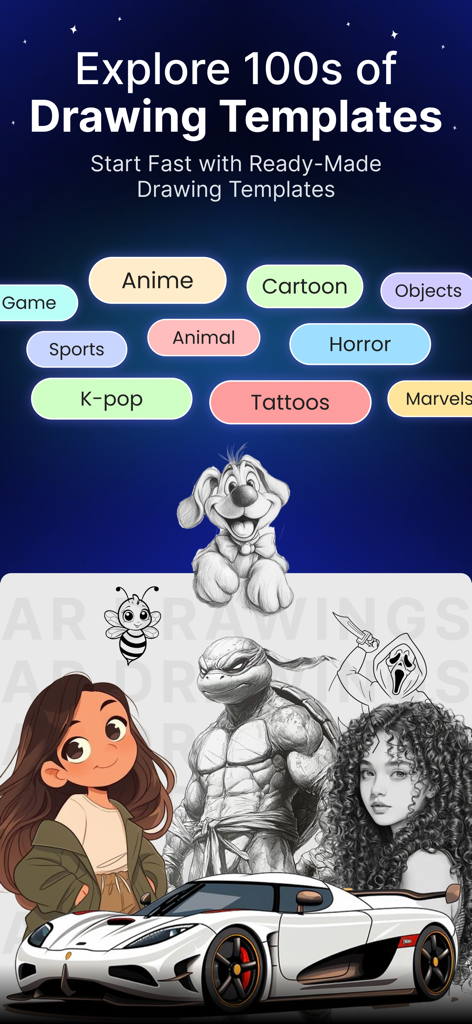 AR Drawing Paint & Sketch 4+ - A menu showing drawing template categories like anime animal and cartoon for AR sketching