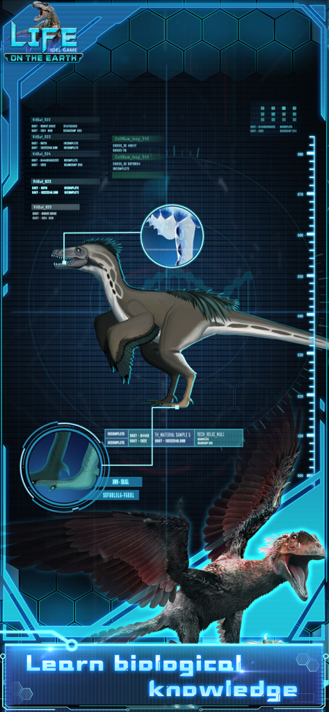 Scientific laboratory interface displaying feathered dinosaur restoration and biological data in Idle evolution Life on Earth