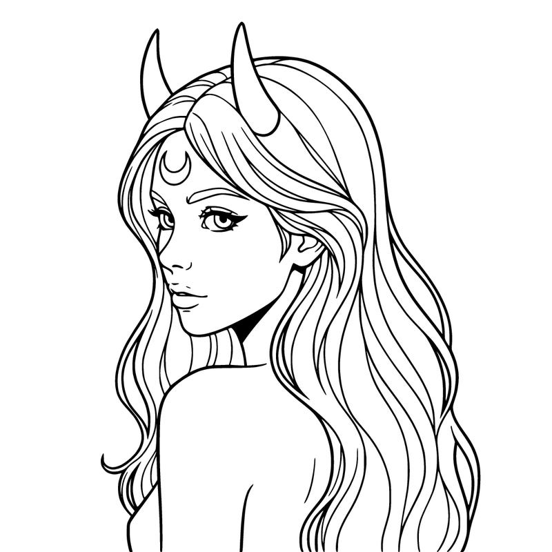 devil girl 
long hair
crescent moon on forehead 
horns